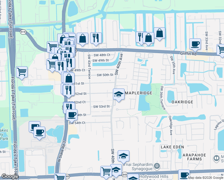 map of restaurants, bars, coffee shops, grocery stores, and more near 5120 Southwest 40th Avenue in Fort Lauderdale