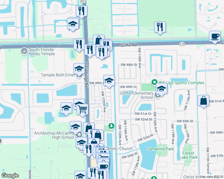 map of restaurants, bars, coffee shops, grocery stores, and more near in Davie