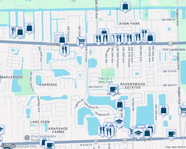 map of restaurants, bars, coffee shops, grocery stores, and more near 3047 Southwest 50th Street in Fort Lauderdale