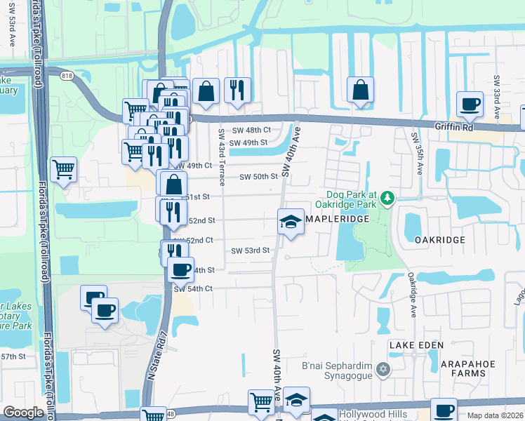 map of restaurants, bars, coffee shops, grocery stores, and more near 4116 Southwest 51st Street in Fort Lauderdale