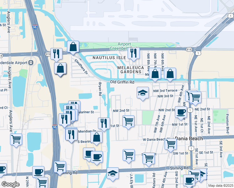 map of restaurants, bars, coffee shops, grocery stores, and more near 1370 Northwest 3rd Street in Dania Beach