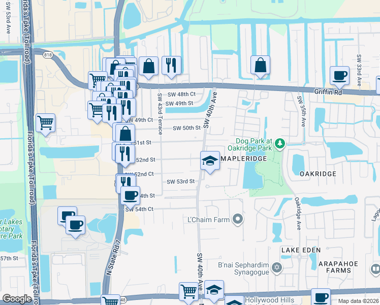 map of restaurants, bars, coffee shops, grocery stores, and more near 4116 Southwest 51st Street in Fort Lauderdale