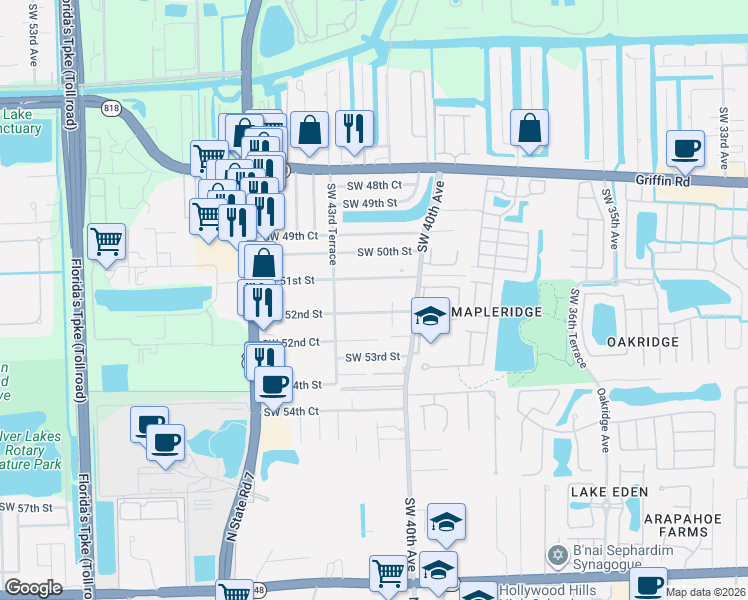 map of restaurants, bars, coffee shops, grocery stores, and more near 4116 Southwest 51st Street in Fort Lauderdale