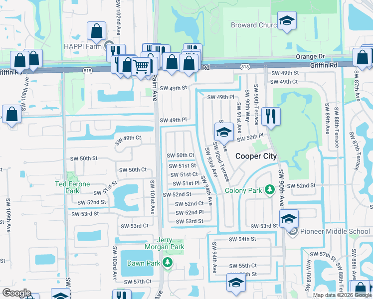 map of restaurants, bars, coffee shops, grocery stores, and more near 5056 Southwest 94th Avenue in Cooper City