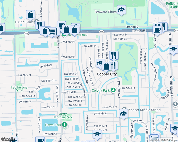 map of restaurants, bars, coffee shops, grocery stores, and more near 5104 Southwest 92nd Terrace in Cooper City