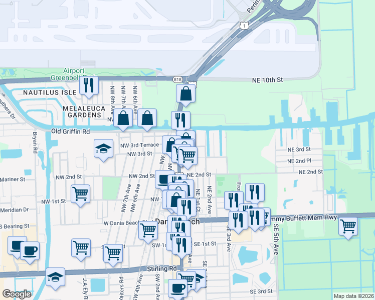 map of restaurants, bars, coffee shops, grocery stores, and more near 302 U.S. 1 in Dania Beach