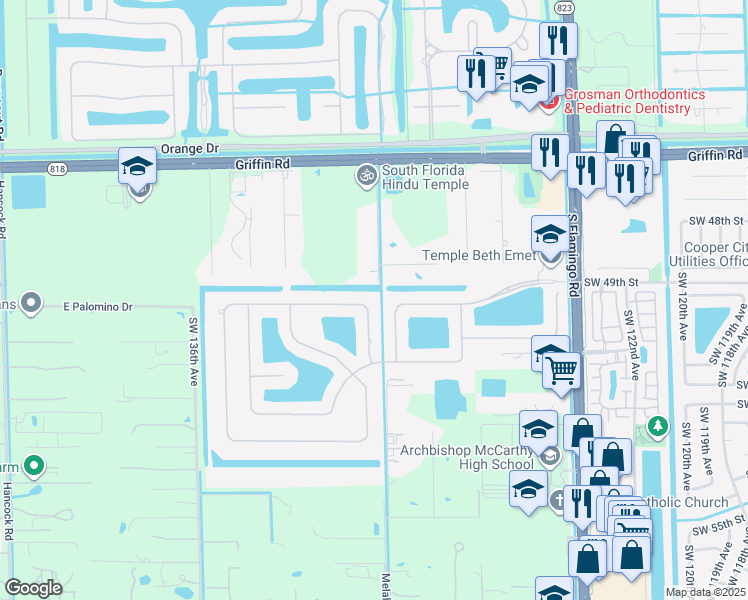 map of restaurants, bars, coffee shops, grocery stores, and more near 13061 Parkside Terrace in Cooper City