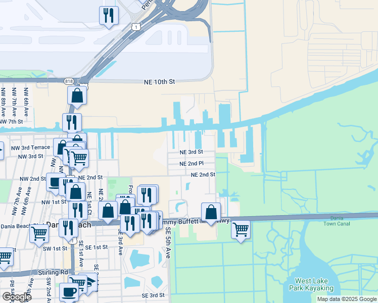 map of restaurants, bars, coffee shops, grocery stores, and more near 618 Northeast 3rd Street in Dania Beach