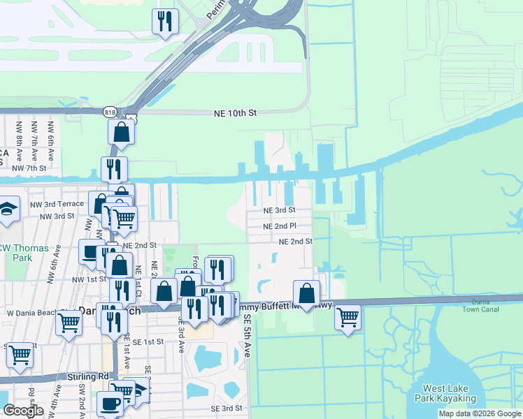 map of restaurants, bars, coffee shops, grocery stores, and more near 525 Northeast 3rd Street in Dania Beach