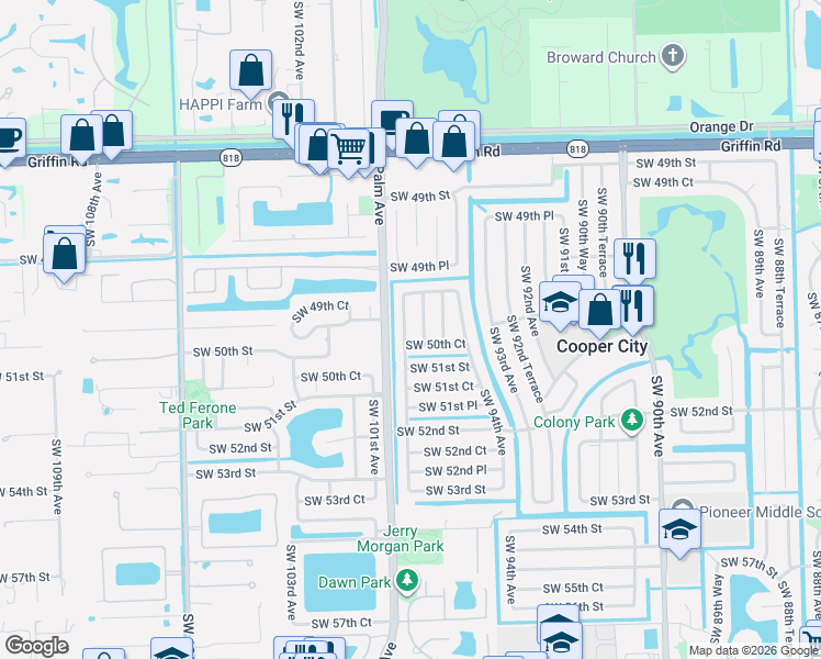 map of restaurants, bars, coffee shops, grocery stores, and more near 5060 Southwest 94th Way in Cooper City
