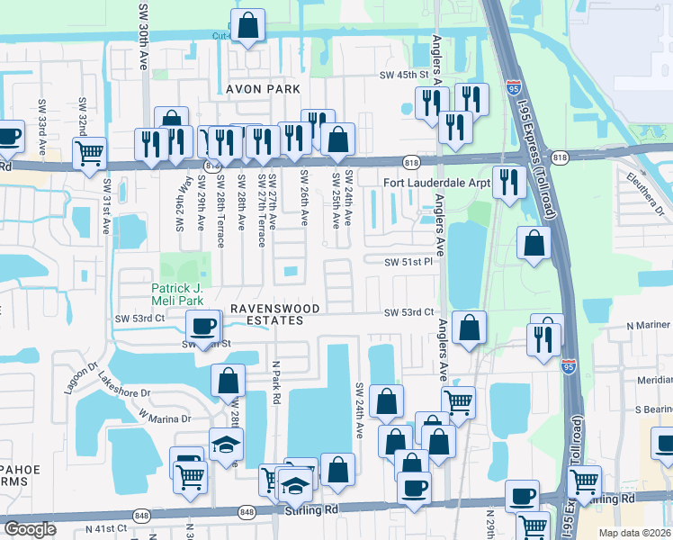 map of restaurants, bars, coffee shops, grocery stores, and more near 2441 Southwest 51st Street in Fort Lauderdale