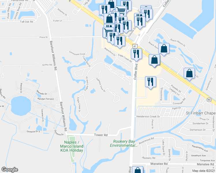 map of restaurants, bars, coffee shops, grocery stores, and more near 108 Cypress View Drive in Naples