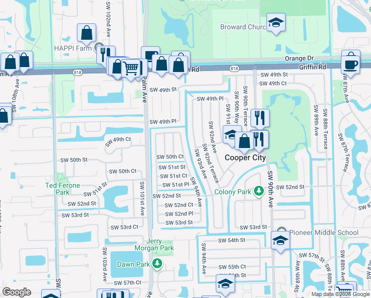 map of restaurants, bars, coffee shops, grocery stores, and more near 5056 Southwest 94th Avenue in Cooper City