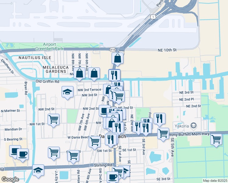 map of restaurants, bars, coffee shops, grocery stores, and more near 302 U.S. 1 in Dania Beach