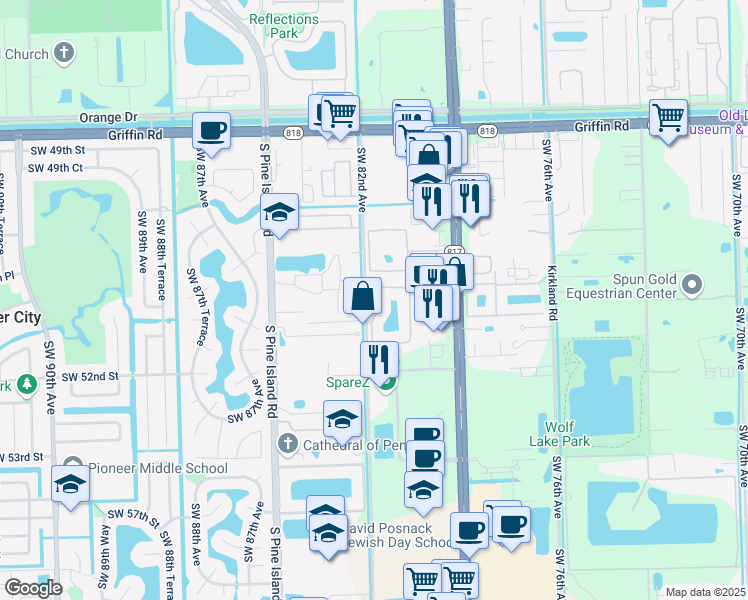 map of restaurants, bars, coffee shops, grocery stores, and more near 5063 Madison Lakes Circle West in Davie