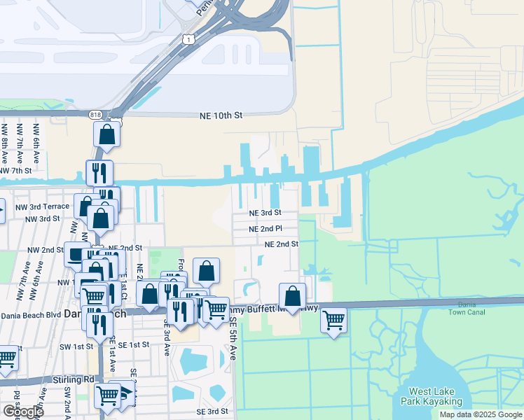 map of restaurants, bars, coffee shops, grocery stores, and more near 618 Northeast 3rd Street in Dania Beach