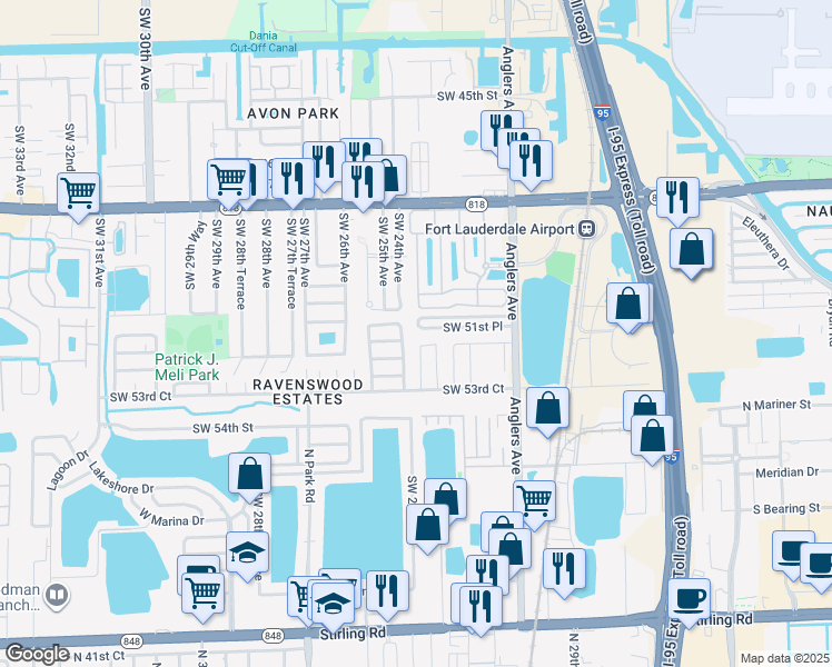map of restaurants, bars, coffee shops, grocery stores, and more near 2370 Southwest 51st Place in Fort Lauderdale