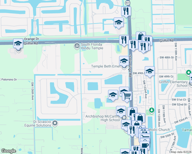 map of restaurants, bars, coffee shops, grocery stores, and more near 12821 Country Glen Drive in Cooper City