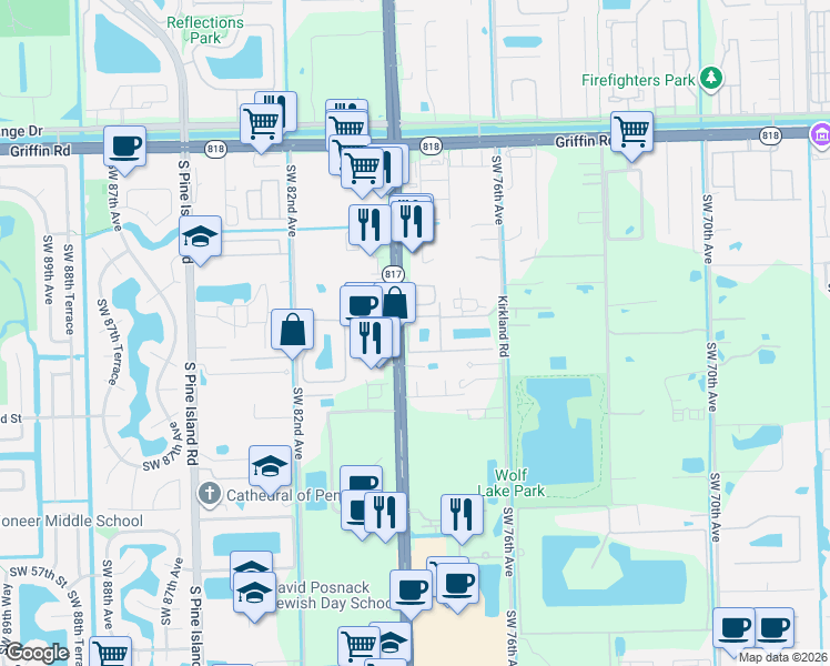 map of restaurants, bars, coffee shops, grocery stores, and more near 5070 South University Drive in Davie