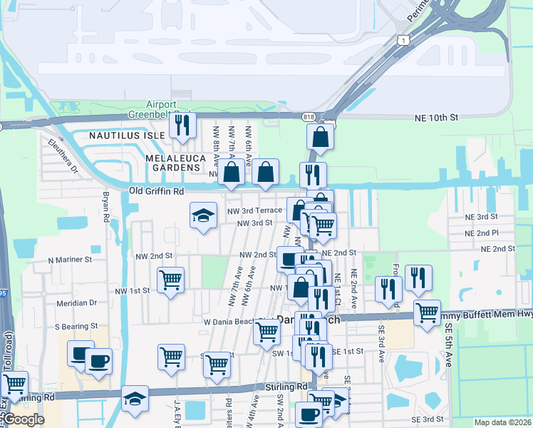 map of restaurants, bars, coffee shops, grocery stores, and more near 515 Northwest 3rd Terrace in Dania Beach