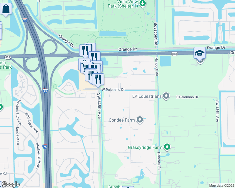 map of restaurants, bars, coffee shops, grocery stores, and more near 14750 West Palomino Drive in Southwest Ranches