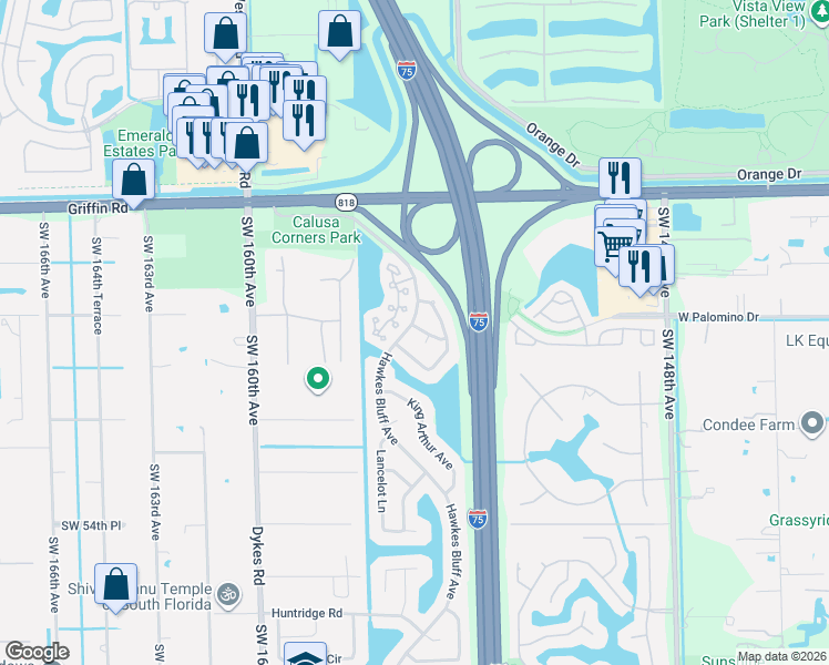 map of restaurants, bars, coffee shops, grocery stores, and more near 4814 Grapevine Way in Davie