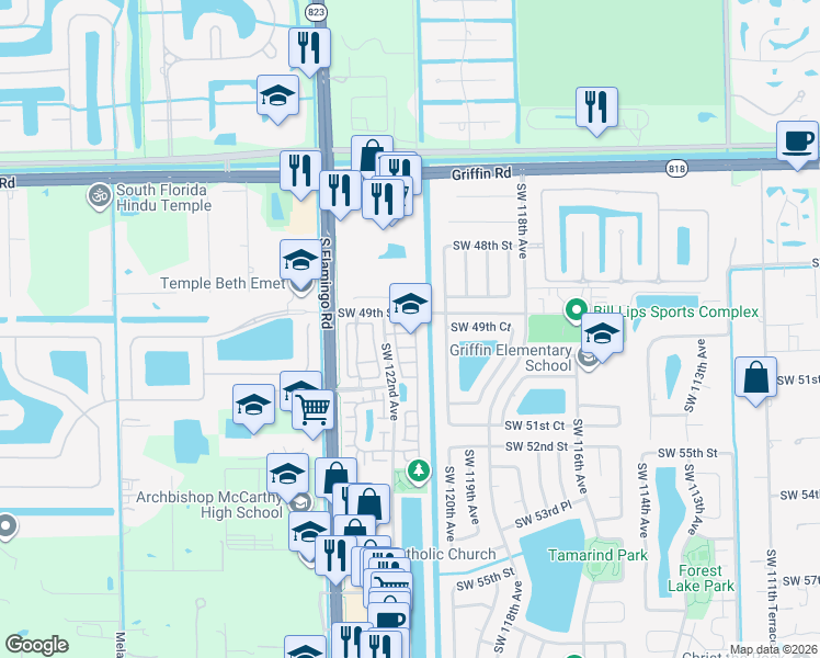 map of restaurants, bars, coffee shops, grocery stores, and more near in Davie