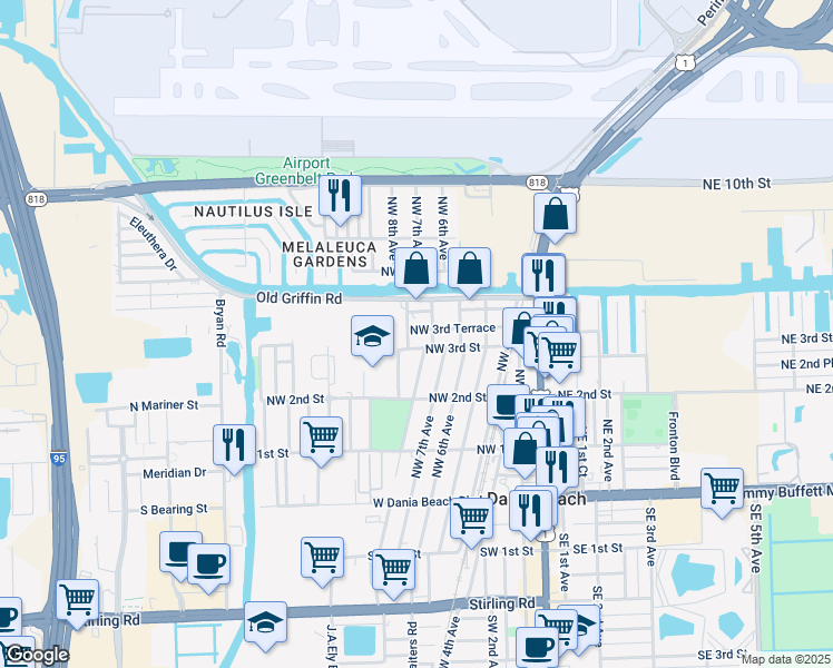 map of restaurants, bars, coffee shops, grocery stores, and more near 801 Northwest 3rd Terrace in Dania Beach
