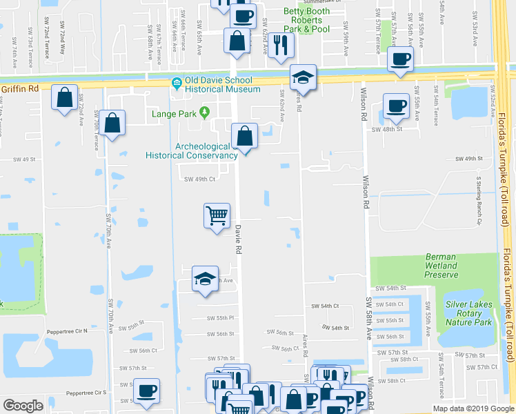 map of restaurants, bars, coffee shops, grocery stores, and more near 5100 Southwest 64th Avenue in Davie