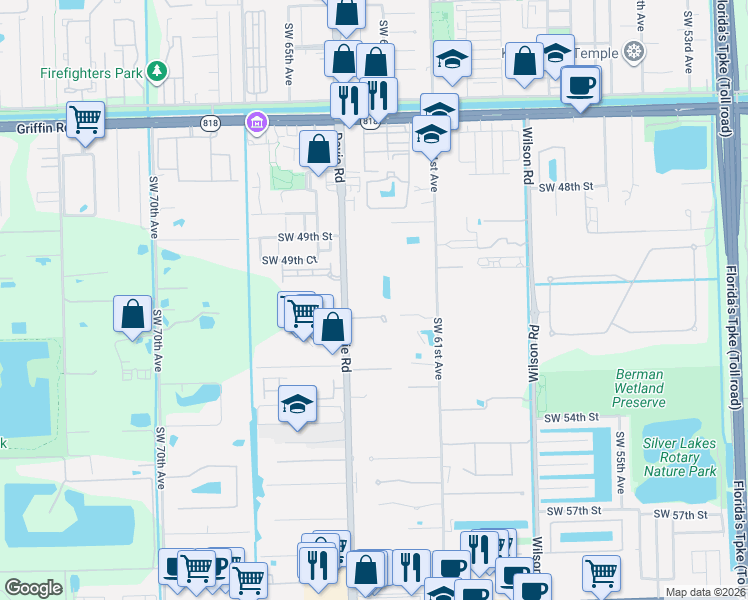 map of restaurants, bars, coffee shops, grocery stores, and more near 5100 Southwest 64th Avenue in Davie