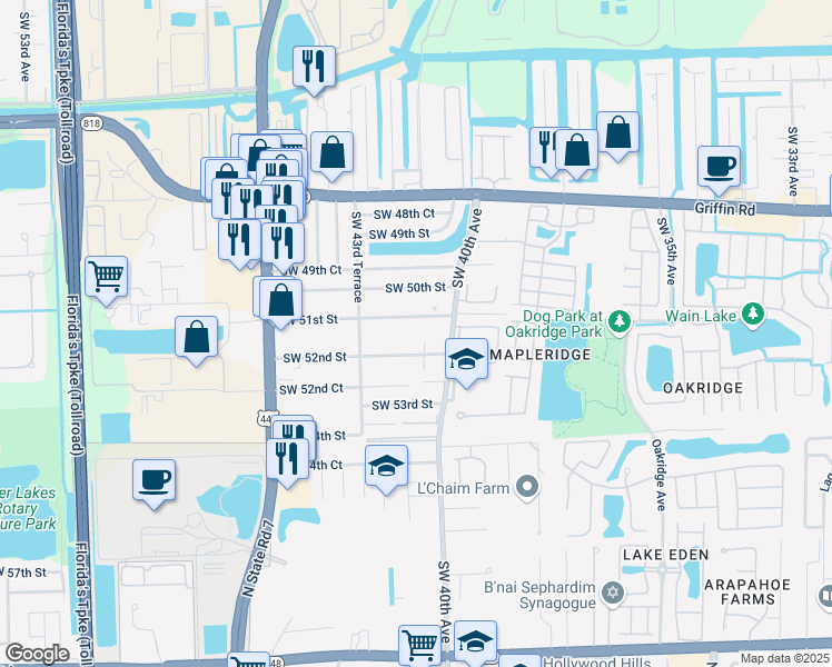 map of restaurants, bars, coffee shops, grocery stores, and more near 4116 Southwest 51st Street in Fort Lauderdale