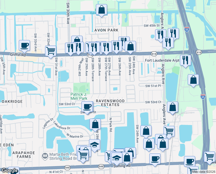 map of restaurants, bars, coffee shops, grocery stores, and more near 5180 Southwest 27th Terrace in Fort Lauderdale