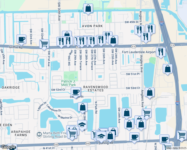 map of restaurants, bars, coffee shops, grocery stores, and more near 5180 Southwest 27th Terrace in Fort Lauderdale