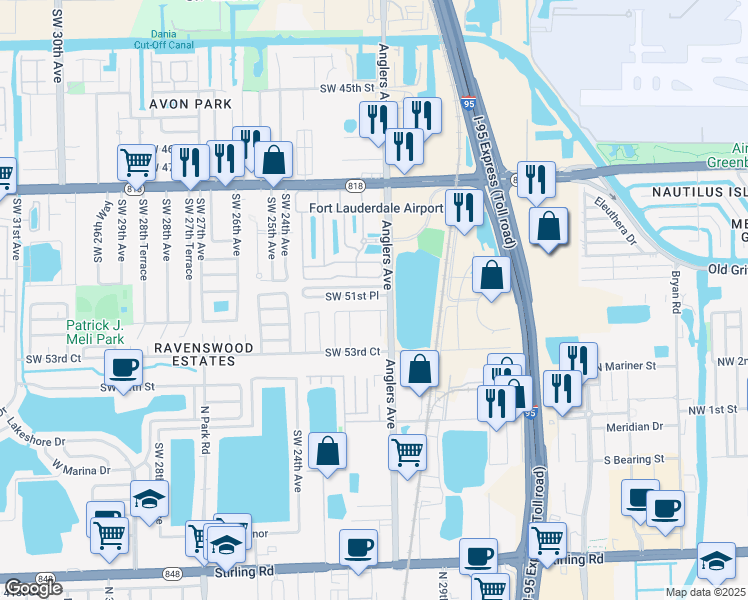 map of restaurants, bars, coffee shops, grocery stores, and more near 2130 Southwest 51st Place in Fort Lauderdale