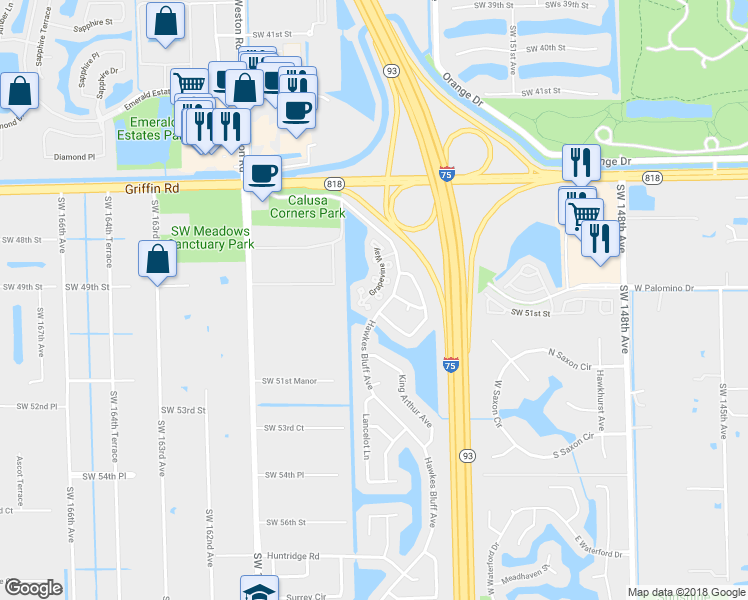 map of restaurants, bars, coffee shops, grocery stores, and more near 4818 Grapevine Way in Davie