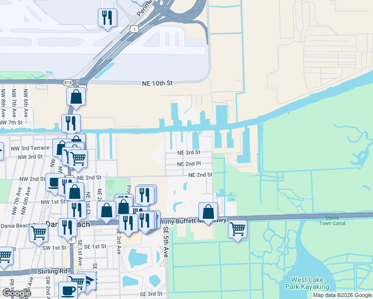 map of restaurants, bars, coffee shops, grocery stores, and more near 618 Northeast 3rd Street in Dania Beach
