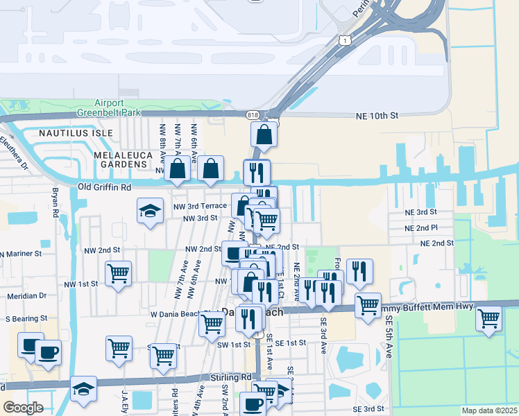 map of restaurants, bars, coffee shops, grocery stores, and more near 302 U.S. 1 in Dania Beach