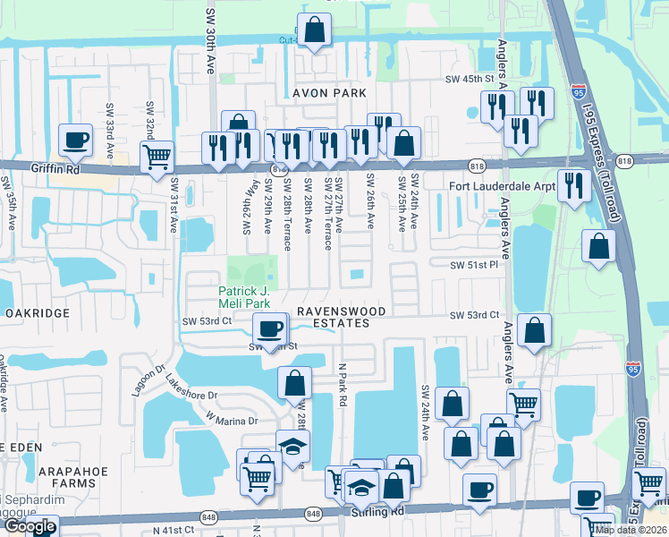 map of restaurants, bars, coffee shops, grocery stores, and more near 5180 Southwest 27th Terrace in Fort Lauderdale