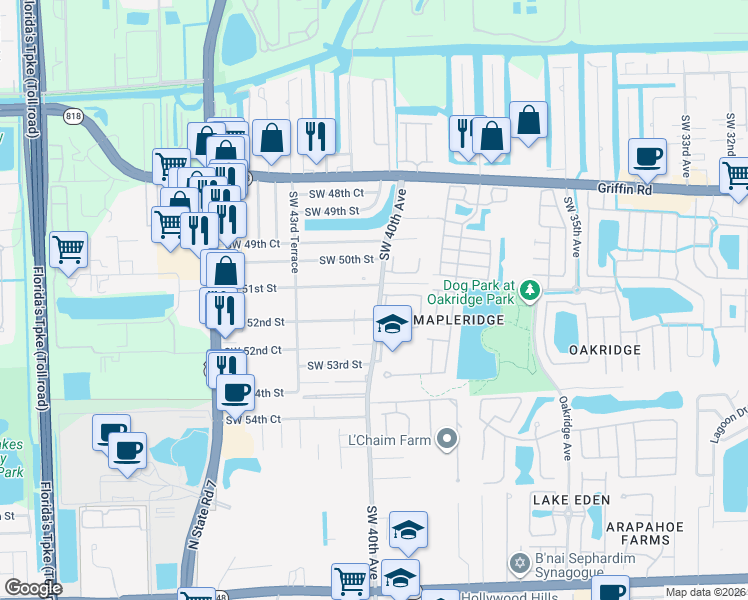 map of restaurants, bars, coffee shops, grocery stores, and more near 5120 Southwest 40th Avenue in Fort Lauderdale