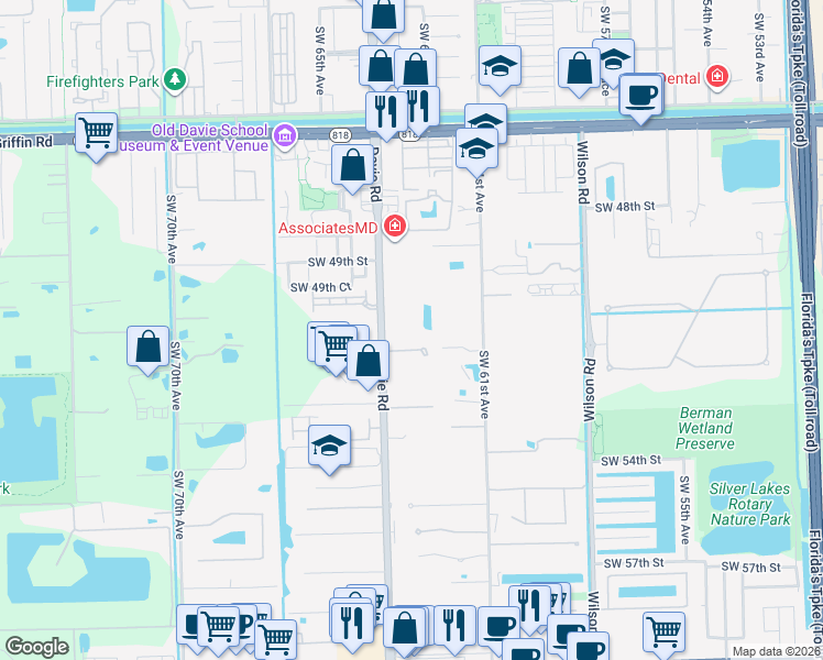 map of restaurants, bars, coffee shops, grocery stores, and more near 5100 Southwest 64th Avenue in Davie