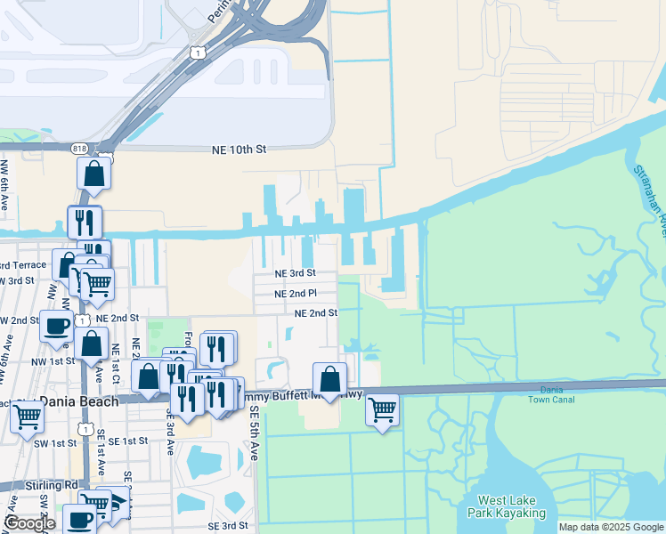map of restaurants, bars, coffee shops, grocery stores, and more near 643 Northeast 3rd Street in Dania Beach