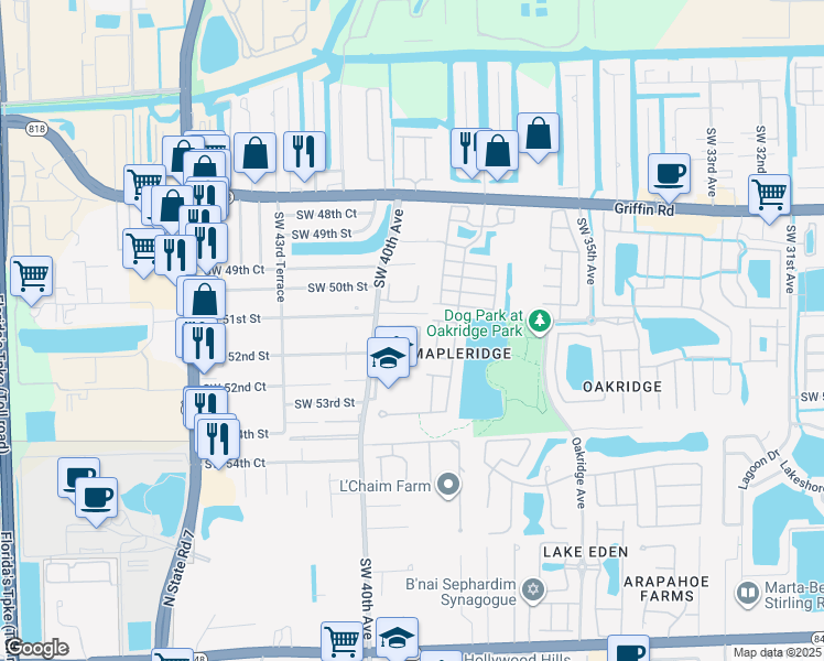 map of restaurants, bars, coffee shops, grocery stores, and more near 5130 Southwest 40th Avenue in Fort Lauderdale
