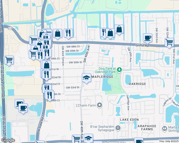map of restaurants, bars, coffee shops, grocery stores, and more near 5130 Southwest 40th Avenue in Fort Lauderdale