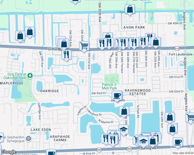 map of restaurants, bars, coffee shops, grocery stores, and more near 3005 Southwest 50th Street in Fort Lauderdale
