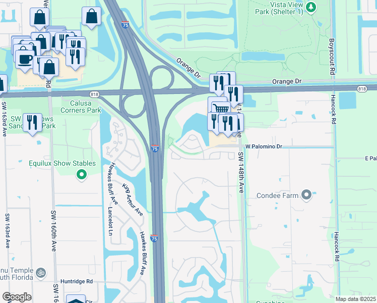 map of restaurants, bars, coffee shops, grocery stores, and more near 15218 Southwest 49th Street in Davie