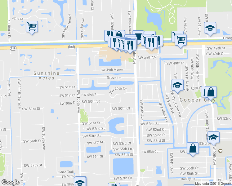 map of restaurants, bars, coffee shops, grocery stores, and more near 10225 Southwest 49th Place in Cooper City