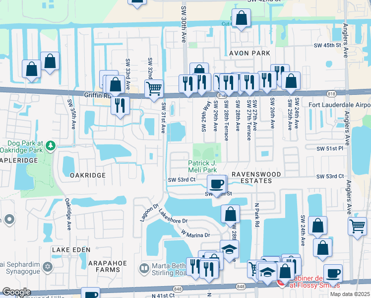 map of restaurants, bars, coffee shops, grocery stores, and more near 3005 Southwest 50th Street in Fort Lauderdale