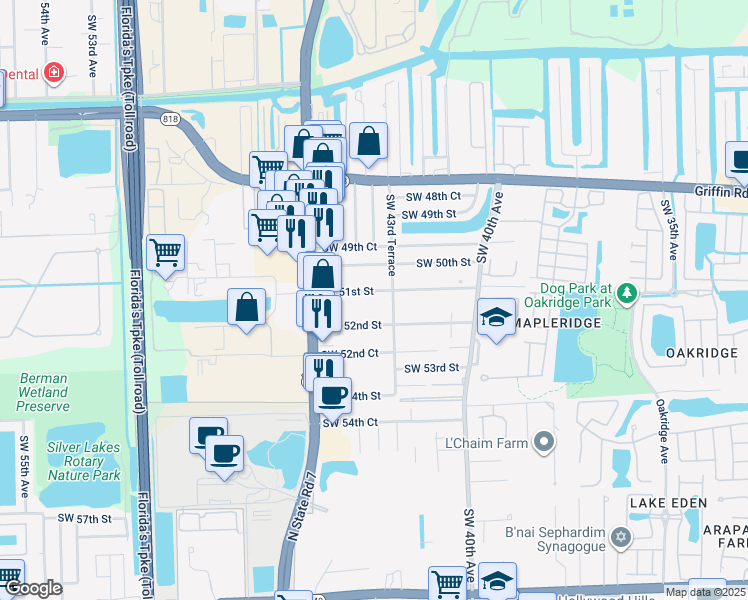 map of restaurants, bars, coffee shops, grocery stores, and more near 4364 Southwest 51st Street in Fort Lauderdale