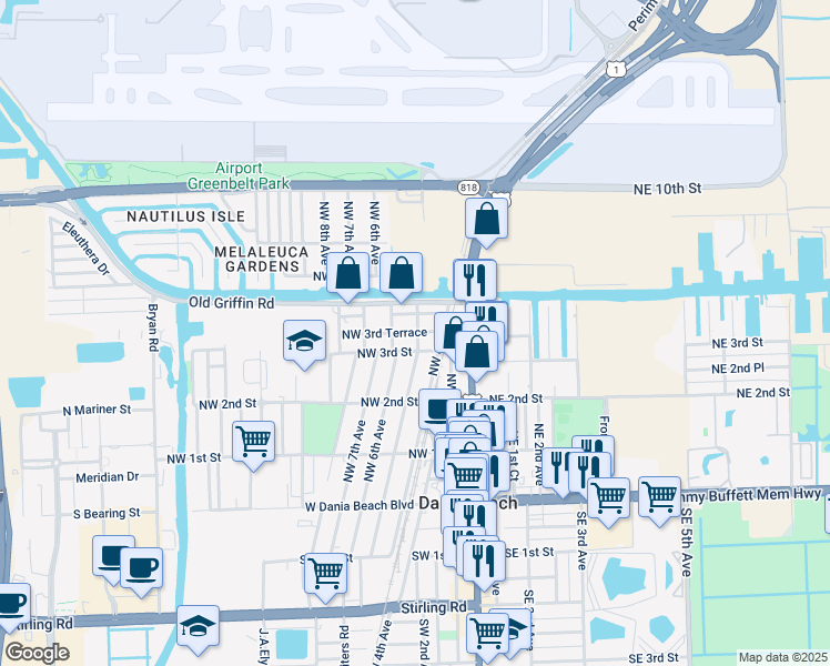 map of restaurants, bars, coffee shops, grocery stores, and more near 515 Northwest 3rd Terrace in Dania Beach