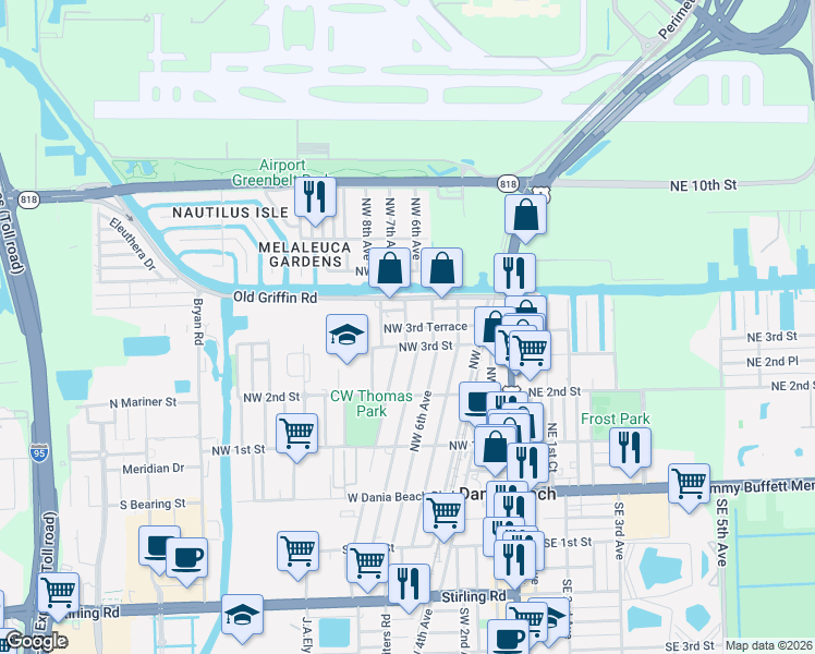 map of restaurants, bars, coffee shops, grocery stores, and more near 801 Northwest 3rd Terrace in Dania Beach